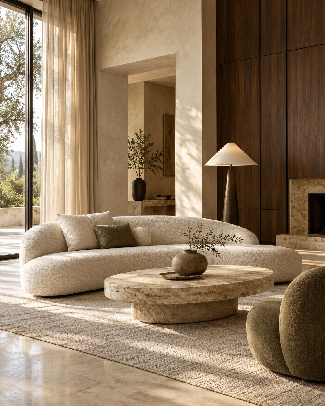 Interior concept with a curved ivory sofa, travertine coffee table, walnut paneling and warm afternoon light.